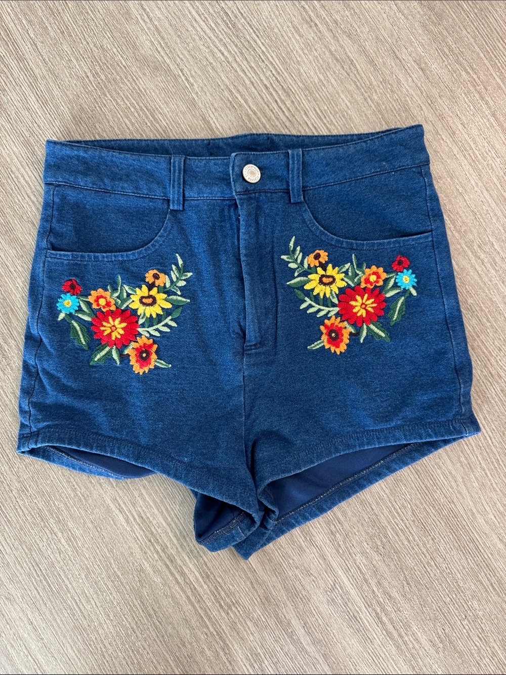 Floral Embroidered High-Rise Blue Women's Shorts